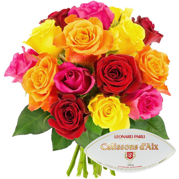 Bouquet de roses 15 ROSES MULTICOLORES + CALISSONS